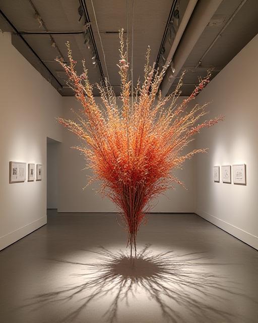 An abstract ikebana installation suspended from the ceiling in an art gallery.