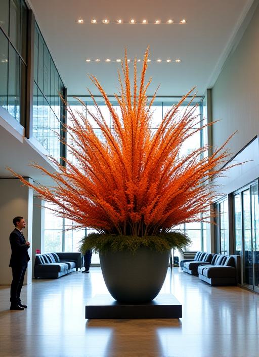 A very large, sculptural ikebana piece in a corporate building lobby.