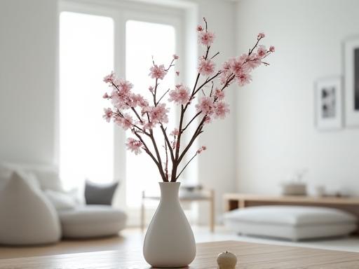 A single branch of cherry blossoms in a vase in a minimalist living room.