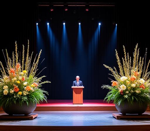 Dynamic ikebana arrangements flanking a stage for a presentation.