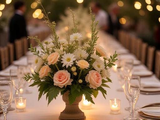 A delicate and romantic ikebana centerpiece on a wedding reception table.