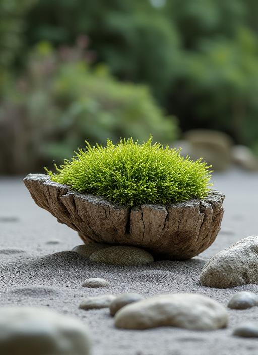 An ikebana piece made of weathered wood and moss, placed in a zen garden.
