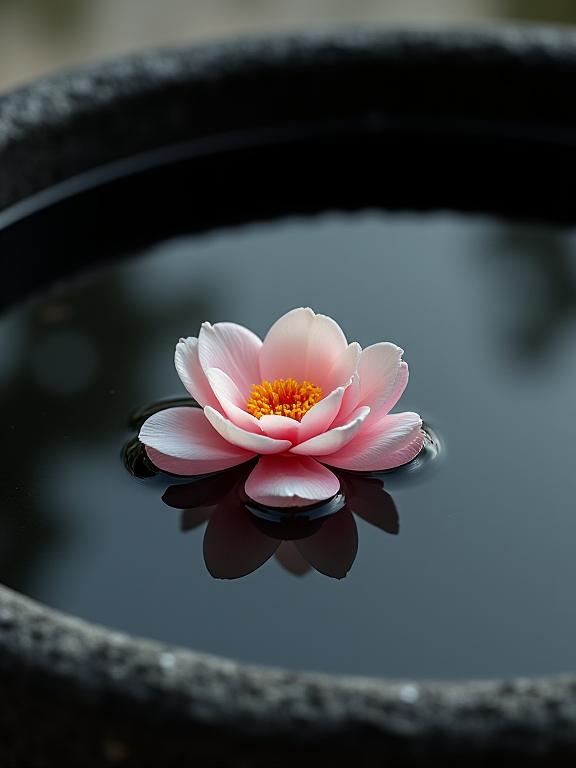 Close-up of a single camellia flower floating in a dark, still water basin.