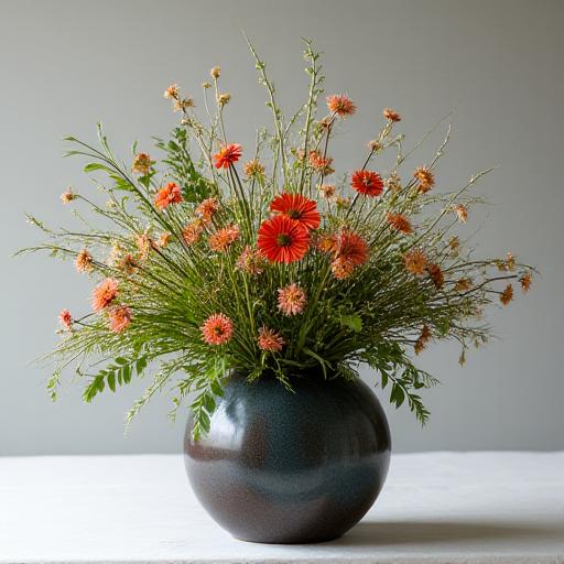 A complex and artistic bespoke ikebana arrangement in a custom vase.