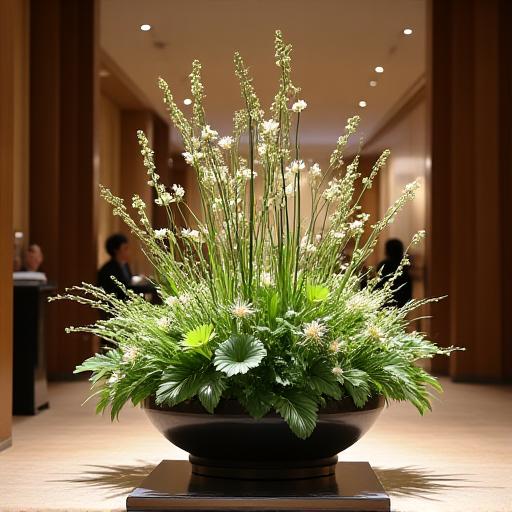 Large, elegant ikebana arrangement at a corporate event entrance.