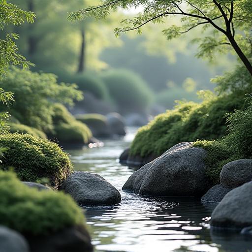 A Japanese-style garden with a small stream and carefully placed rocks and moss.