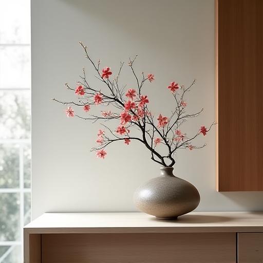 A simple ikebana piece on a minimalist console table in a modern home.