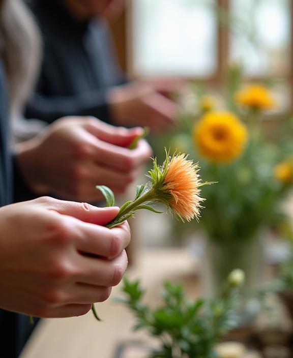 Hands of a student carefully trimming a flower stem during an Ikebana workshop.
